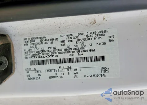 2018 Ford F150 Super Cab z USA, uszkodzony, nr VIN 1FTFX1E53JKD59168